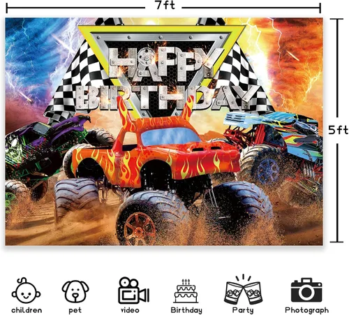 Miniatura 4 de Newsely Suministros de fiesta de cumpleaños con temática de camión Telón de fondo 7 pies de ancho x 5 pies de alto Monster Boys Kids Feliz 03Truck