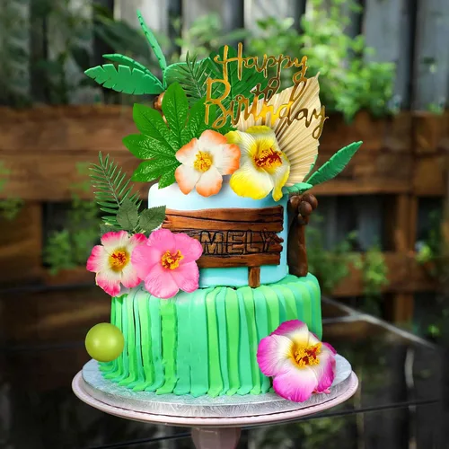 Miniatura 7 de 25 adornos para tartas hawaianas con hojas de palma, hibisco, bolas de flores para Hawaii, Aloha, selva, verano, boda, cumpleaños (multicolor)