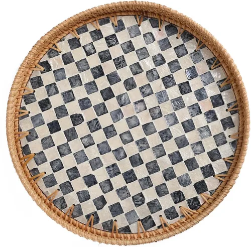 Miniatura 16 de Bandeja redonda de ratán con incrustaciones de nácar, bandeja de ratán para café, pan, frutas, bandeja decorativa de mimbre para decoración de mesa