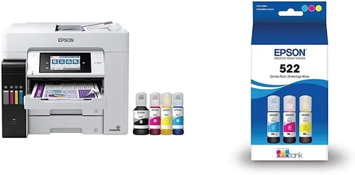 Epson - Impresora EcoTank Pro ET-5850 Supertank inalámbrica a color, todo en uno, color blanco y paquete de botellas de tinta EcoTank T522 a color,