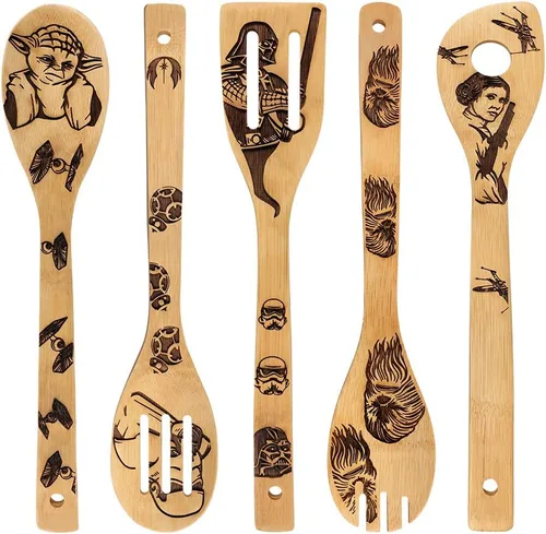 Star War - Juego de Cucharas de Madera Quemadas, Idea de Regalo, Utensilios de Cocina y Servir, Bambú Natural, Regalos para Estreno de Casa, Cuchara