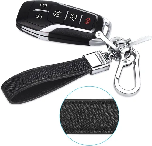 Miniatura 5 de QBUC Llavero universal de cuero genuino para automóvil, accesorios de metal resistente, llavero de automóvil con giro giratorio de 360 grados y Negro