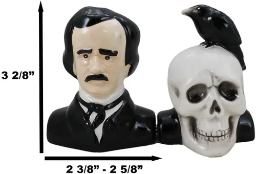 Miniatura 2 de Ebros Gift Poeta gótico Edgar Allen Poe con cuervo negro en el cráneo decorativo de cerámica salero y pimentero Figuritas Quoth The Raven Nevermore