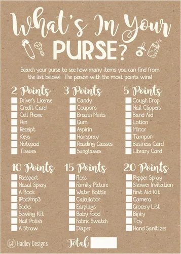 Hadley Designs Juegos de baby shower para 25 invitados – Kraft Whats in Your Purse Baby Shower Game, juegos de baby shower para niños y niñas,