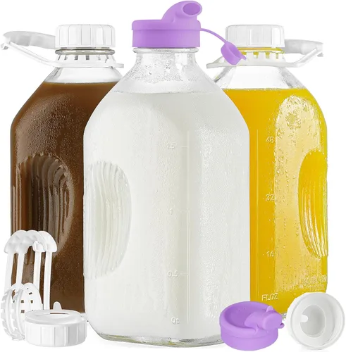 Ritayedet Paquete de 3 Botellas de Leche de Vidrio Resistente de 64 Oz con 2 Boquillas de Silicona, 4 Asas y 4 TAPAS DE ROSCA Herméticas