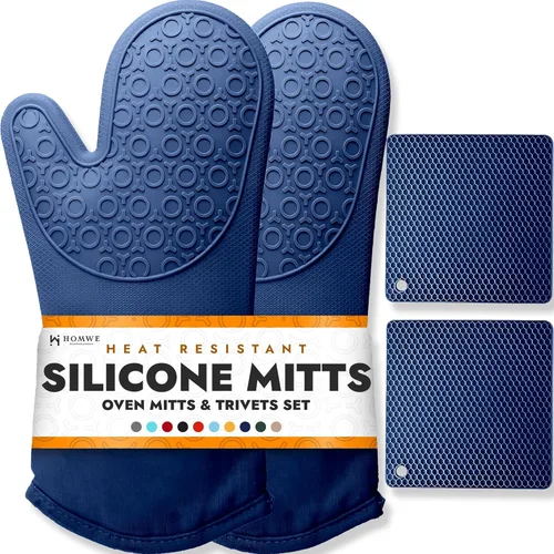 Juego de 4 guantes de horno y salvamanteles de silicona suave sin BPA, guantes de horno ultra resistentes al calor con forro de algodón grueso, Azul