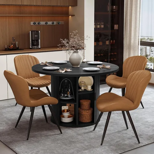 Miereirl Juego de mesa y sillas de comedor moderno redondo, con una mesa de comedor de madera equipada con compartimentos de almacenamiento y