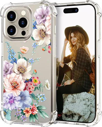Miniatura 41 de Hungo Funda compatible con iPhone 15 Plus para mujer, diseño floral transparente, lindo, flor azul rosa Rosas Azules