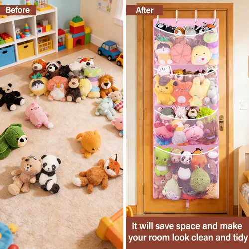 Miniatura 3 de Woodoulogy Almacenamiento Colgante de Animales de Peluche, Organizador Grande de Juguetes de Felpa Sobre la Puerta con Gancho de Metal, Idea de Rosa