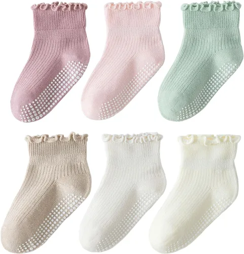 Miniatura 10 de 6 pares de calcetines con volantes para niñas, calcetines antideslizantes para bebés, bonitos y con volantes