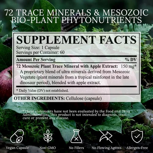 Miniatura 4 de Extracto de vitalidad, suplemento energético de 60 cápsulas. 72 minerales traza de plantas mesozoicas antiguas con extracto de manzana Suplemento