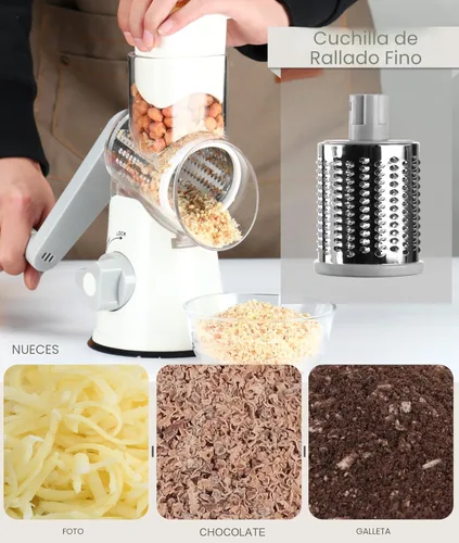 Miniatura 4 de Ourokhome rallador giratorio de queso, triturador con 3 cuchillas de tambor, rebanador rápido y manual para frutos secos, con base con gran succión