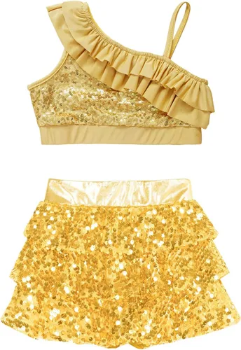 Miniatura 45 de JEATHA Top corto con borlas y lentejuelas brillantes para niñas, con minifalda, jazz latino, salsa, samba, rumba, baile