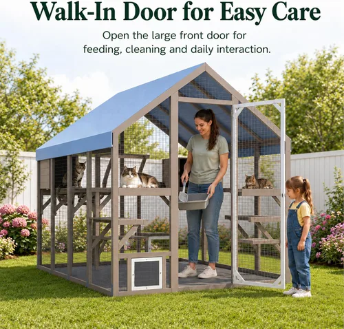 Miniatura 7 de PetsCosset 71" H Large Catio Outdoor Cat Enclosure Window Catios Wooden Walk-in Catio for Multiple Cats with 2 Resting Houses, 6 Platforms