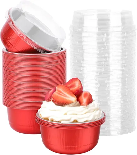 Miniatura 47 de Beasea Ramequines con tapas, 8oz 50 unidades de tazas de aluminio desechables para hornear, tazas de papel de aluminio plateado para creme brulee