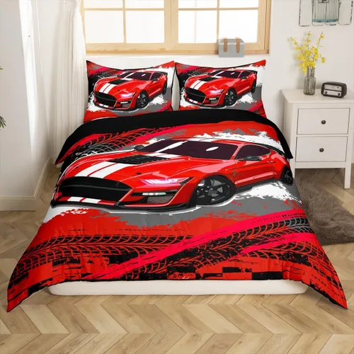 Miniatura 14 de Erosebridal Juego de funda de edredón de auto de carreras roja para niños y adolescentes, juego de edredón de carreras tamaño individual, edredón