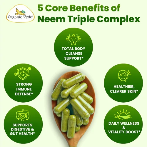 Miniatura 8 de Organic Veda Neem Capsules Triple Complex Extractos de hojas de neem, corteza y flores, suplemento de hierbas para el acné, limpia y limpia la salud