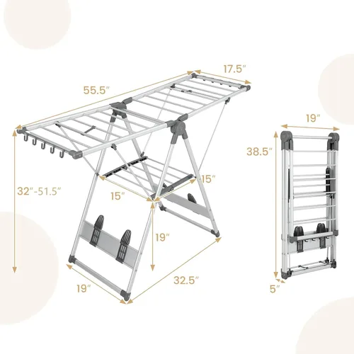 Miniatura 9 de Tangkula Estante de secado de ropa plegable, estante de secado de aluminio de 2 capas que ahorra espacio con alas ajustables, estante de secado