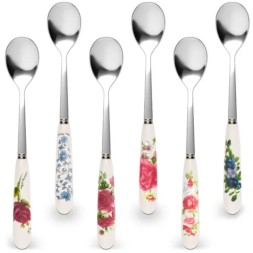 Juego de 6 cucharas de café con mango de cerámica – Cucharas pequeñas de postre de 6.1" con diseño floral – Cuchara de acero inoxidable para té y
