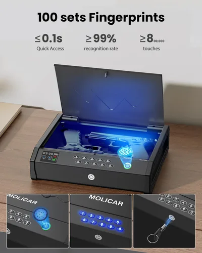 Miniatura 2 de Caja de seguridad para armas, cajas de seguridad biométricas para pistolas de mano con LCD de temperatura, humedad, batería, puerto USB-C, acceso