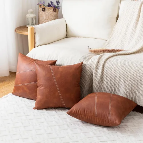 Miniatura 3 de Fundas de almohadas de cuero de imitación modernas y decorativas en color marrón, juego de 2 de 18x18 pulgadas, fundas de almohada estilo bohemio
