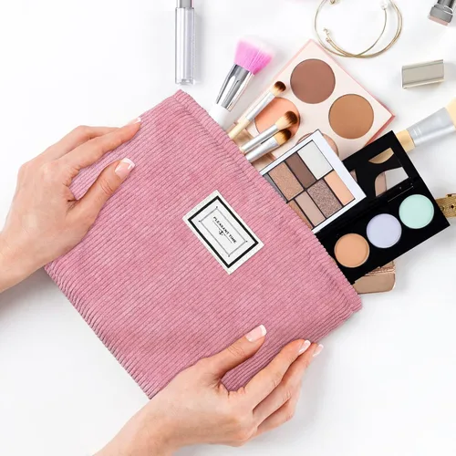 Miniatura 4 de Sanwuta Paquete de 4 bolsas de terciopelo para maquillaje, bolsa de cosméticos para mujer, bolsa de pana de gran capacidad, con cremallera, de lona