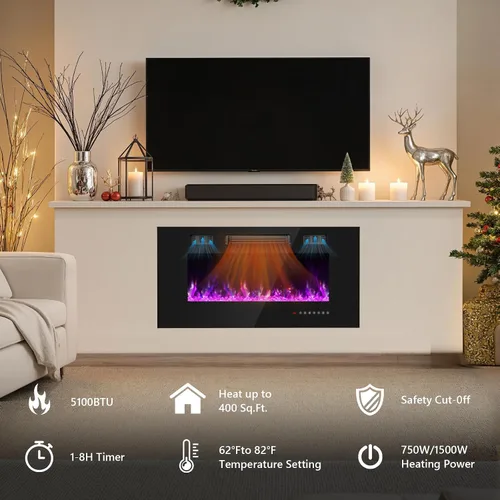 Miniatura 3 de Chimenea eléctrica de 36 pulgadas con cristal, inserto de chimeneas eléctricas, chimenea montada en la pared/empotrada con control remoto, llama