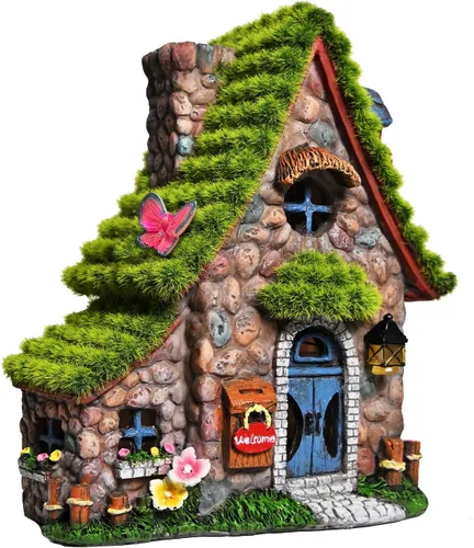 Estatuas de casa de hadas de resina ASAWASA con luces solares, esculturas de jardín divertidas con decoración flocada y adoquinada, exquisitas