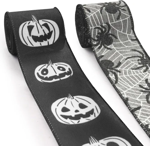 Miniatura 6 de Threetols 2 rollos de cinta de Halloween con borde con cable de 10 yardas, cinta de arpillera de tela de araña negra de 2.5 pulgadas, cinta