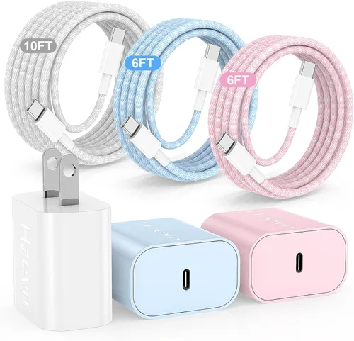 Miniatura 7 de 20W USB C Fast Charging for iPhone 17 Air/16/15 Pro Max,3Pack Colorful Mixed Charger Block with Braided Long USB C to C Cables (6/6ft) Compatible