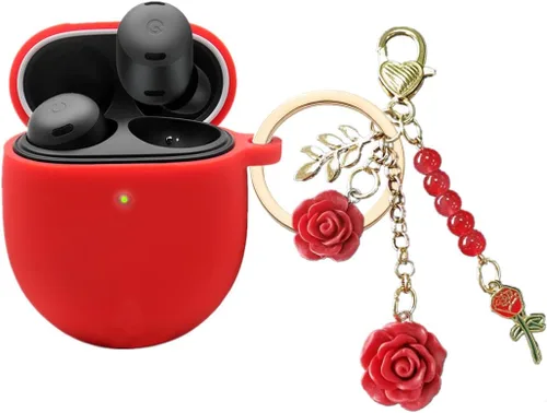 Miniatura 8 de Funda para Google Pixel Buds Pro con llavero, bonita funda de silicona para Pixel Buds Pro, funda de carga protectora con mosquetón de flores, Azul