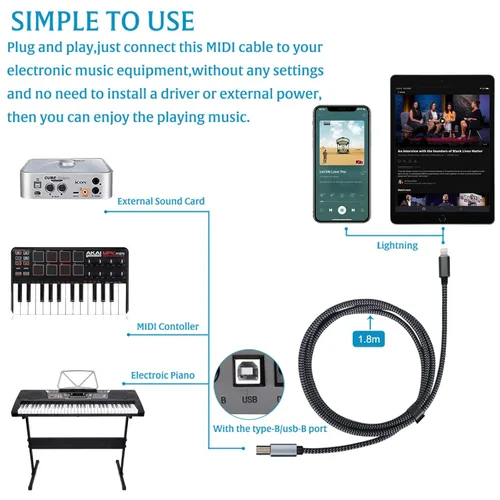 Miniatura 3 de Cable Lightning a MIDI USB OTG tipo B para iPhone seleccionados, modelos de iPad para controlador midi, instrumento de música electrónico, teclado