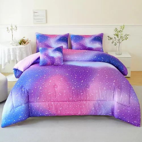 Miniatura 8 de URBONUR Juego de 6 piezas de edredón con brillo degradado para niñas, tamaño completo, ropa de cama de galaxia azul para niños, juego de edredón