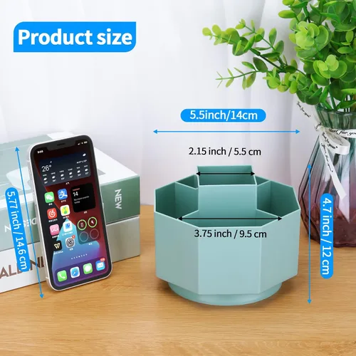Miniatura 2 de LETURE Organizador de escritorio, soporte para lápices giratorio de 360 grados, 5 compartimentos, organizador de escritorio estacionario, caja