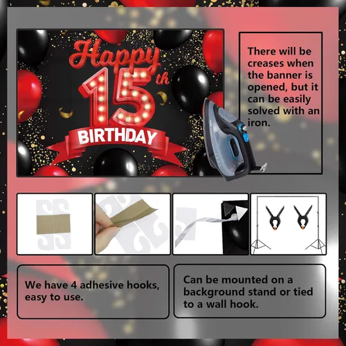 Miniatura 4 de Cartel de feliz cumpleaños 15 color rojo y negro, decoración temática de globos para niñas y mujeres, princesas de 15 años, fiesta de cumpleaños