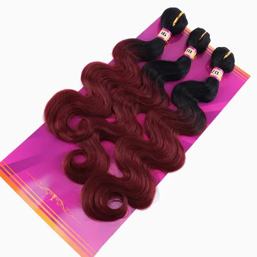 Miniatura 2 de Extensiones de cabello ondulado sintético de color rojo vino 3 paquetes de 16 18 20 pulgadas, color ombre de negro a burdeos, trenza de cabello