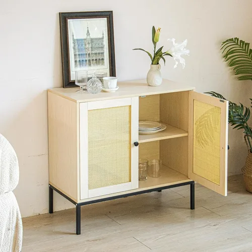 Miniatura 8 de Dolonm Armario de almacenamiento, aparador de madera con puertas ovaladas de ratán, armario de licor de bar, organizador de piso decorativo