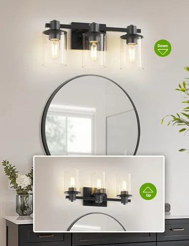 Miniatura 5 de L LOHAS LED Lámpara de baño negra de 3 luces sobre el espejo, moderna lámpara de tocador negra mate con pantalla de vidrio transparente, luces