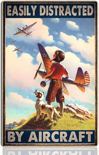 Decoración de Avión Arte de Pared de Aviación - Letrero Vintage de Avión de Metal de Hojalata Fácilmente Distraído por Aviones Póster Retro de Avión