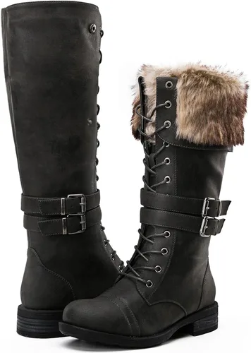 Miniatura 2 de GLOBALWIN Botas altas de media pantorrilla hasta la rodilla para mujer, botas de combate elegantes con cordones para mujer, tacón bajo