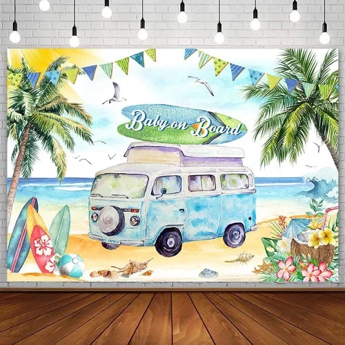 AIBIIN Telón de fondo para baby shower de bebé a bordo de 7 x 5 pies para niño, tropical, verano, mar, playa, baby shower, fotografía, fondo de