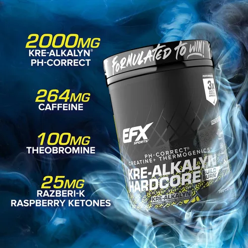 Miniatura 6 de EFX Sports Kre-Alkalyn Hardcore Suplemento termogénico de creatina monohidrato pH correcto, energía y fuerza, preentrenamiento 120 porciones
