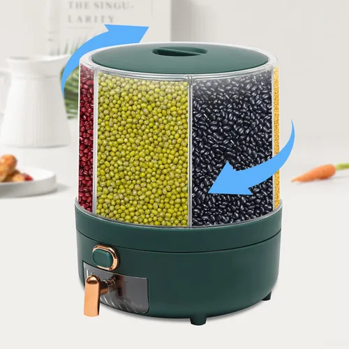 Miniatura 5 de Dispensador de arroz de 6 rejillas de 14 libras, dispensador de alimentos secos giratorio de 360°, dispensador de cereales de cocina, recipiente