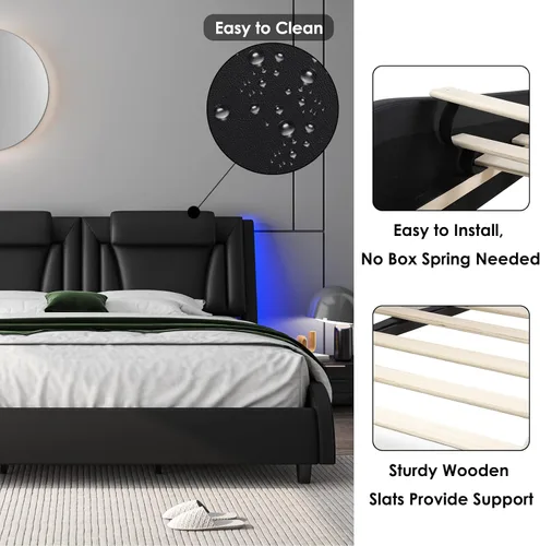 Miniatura 6 de Keyluv Armazón de cama moderno tapizado con plataforma con cabecera LED ajustable y diseño de curva ondulada y soporte de listones de madera sólida