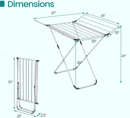 Miniatura 7 de GOFLAME Clothes Drying Rack, Laundry Drying Rack with 2 Foldable Wings, 14 Drying Rods, Free-Standing Collapsible Laundry Airer for Clothes, Towels