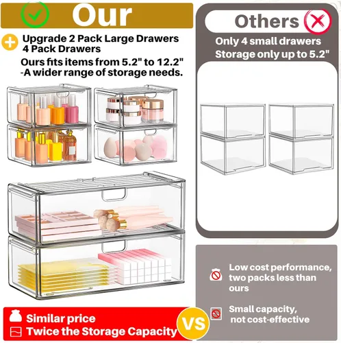 Miniatura 8 de caktraie Juego de 6 cajones de almacenamiento de acrílico, organizador de maquillaje transparente, cubos organizadores de plástico para suministros