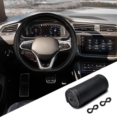 Miniatura 8 de Funda de cuero para volante, con cordones, transpirable, antideslizante, protector para volante de automóvil para un diámetro máximo de 15 pulgadas