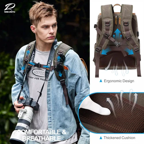 Miniatura 4 de Mochila para cámara Padwa Lifestyle - Bolsa de cámara de lona de memoria encerada resistente al clima para fotógrafos, Café