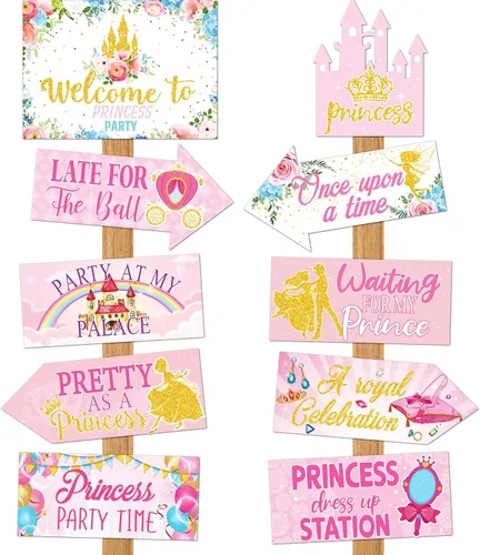 Epakh 20 piezas de decoraciones de fiesta de princesa, letreros de bienvenida para fiesta de princesa, letreros direccionales de color rosa femenino