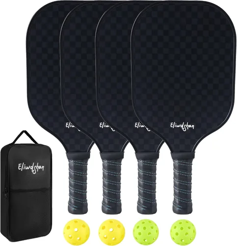 Juego de 4 palas de pickleball de fibra de vidrio con 4 bolas de pickleball, 4 raquetas y bolsa, cumple con los estándares USAPA, raquetas de